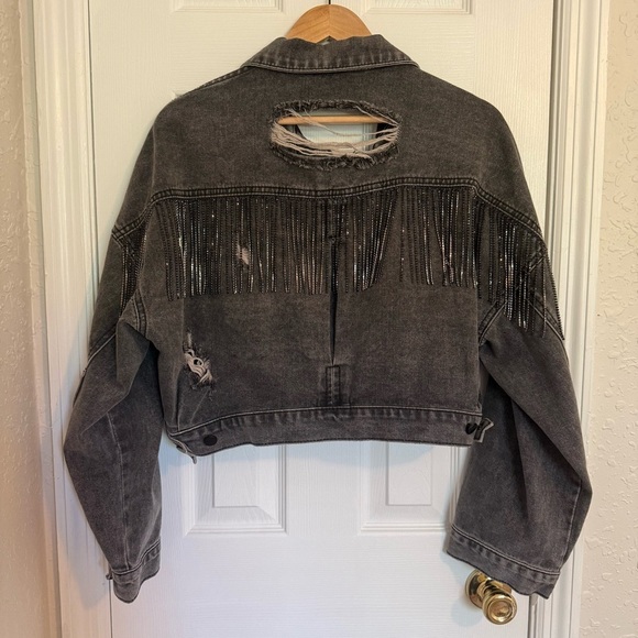 Blue B Distressed Black Denim Jacket Cropped M/L - Picture 5 of 8